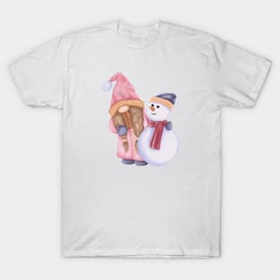 Cute Gnome Girl And Snowman T-Shirt